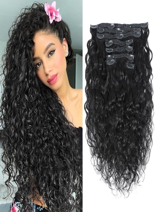 Feelgrace Human Curly Hair Natural Black 1B Double Weft Water Wave Curly Clip ins Extensions for Black Women Clip on Wave Hair Extension 16 Inch 120 Gram - Image 4